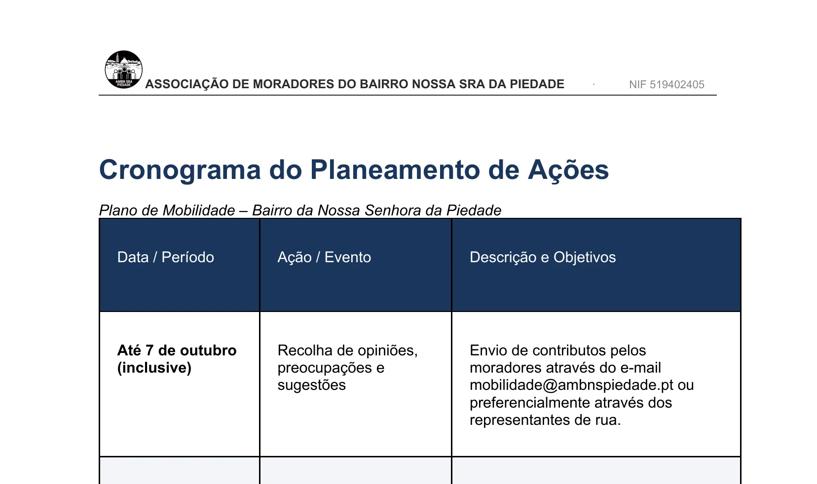 Cronograma do Planeamento de Ações